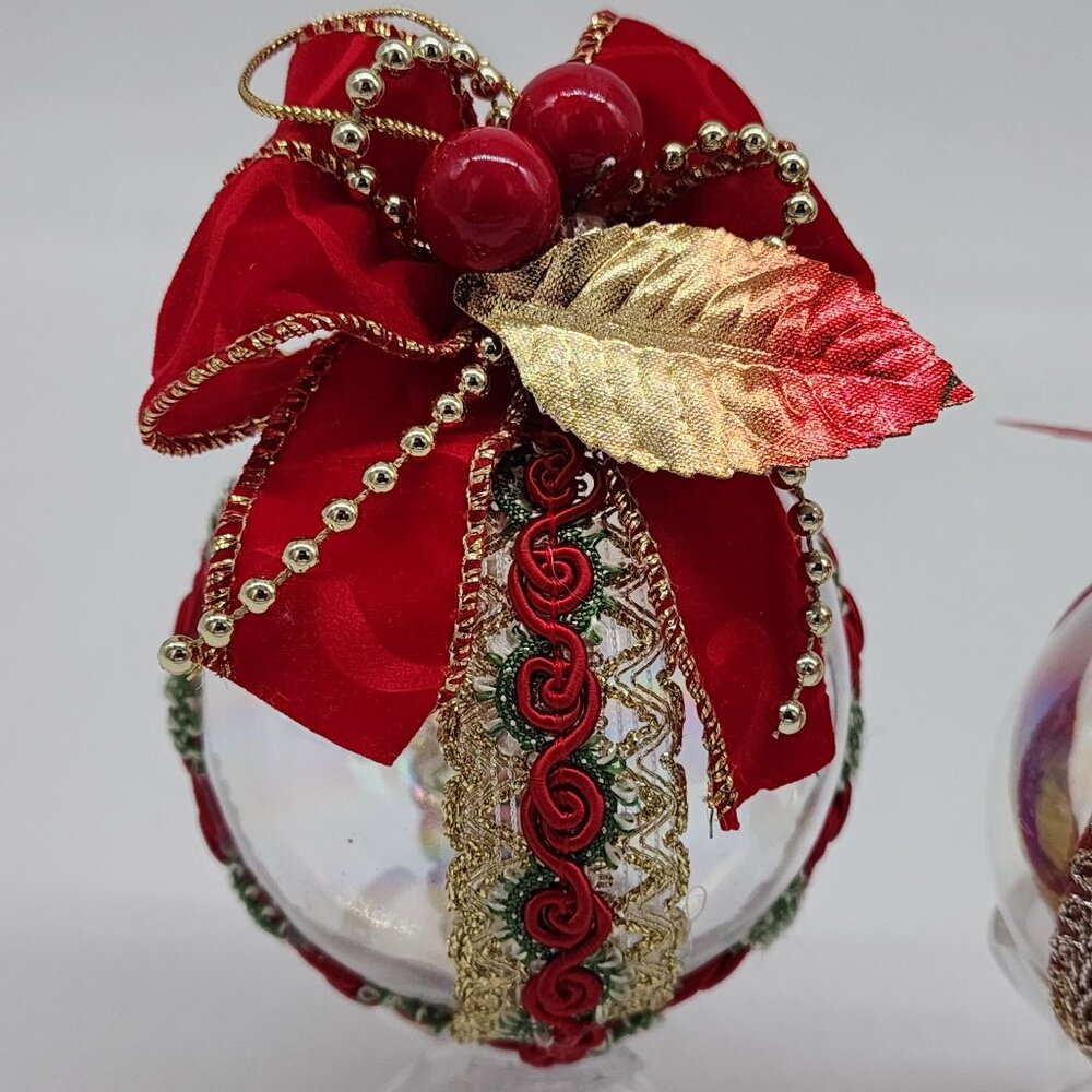 Handmade Glass Christmas Ornaments Red & Gold Ribbon Roses Berries Leaves - Picture 2 of 8